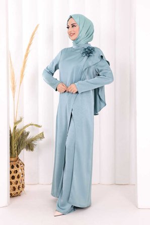 Saten Gül Broşlu Uzun Tunik Pantolon İkili Takım 8010 Mint