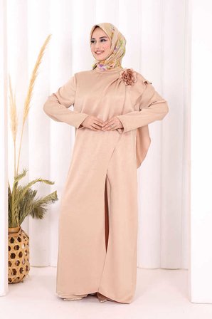 Saten Gül Broşlu Uzun Tunik Pantolon İkili Takım 8010 Vizon