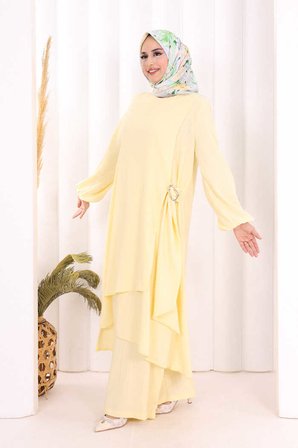 Broş Detaylı Pantolon Takım 8011 Sarı