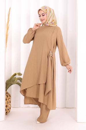 Broş Detaylı Pantolon Takım 8011 Vizon