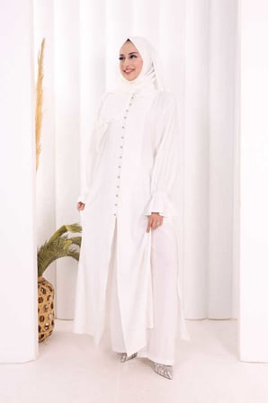 Hac  Umre Takım Önü Düğmeli Tunik,Pantolon  ŞAL  HEDİYE  8014 Ekru