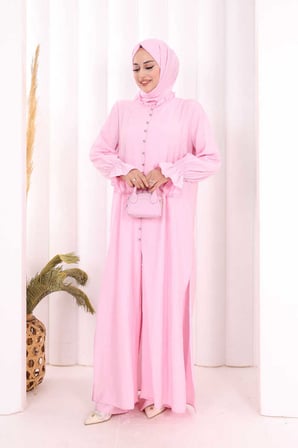 Hac  Umre Takım Önü Düğmeli Tunik,Pantolon  ŞAL  HEDİYE  8014 Pembe