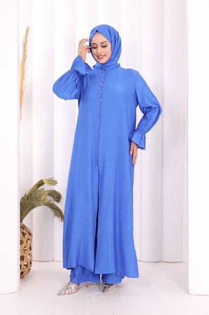 Hac  Umre Takım Önü Düğmeli Tunik,Pantolon  ŞAL  HEDİYE  8014 Saks