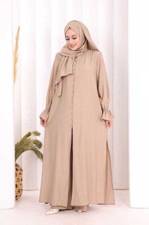 Hac  Umre Takım Önü Düğmeli Tunik,Pantolon  ŞAL  HEDİYE  8014 Vizon