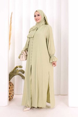 Hac  Umre Takım Önü Düğmeli Tunik,Pantolon  ŞAL  HEDİYE  8014 Yağ Yeşili