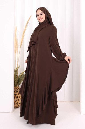 Umre Yan Fırfır Detaylı Ferace ŞAL HEDİYE 7057 Kahverengi