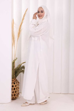 Keten Düğmeli Tunik Pantolon Takım 8015 Ekru