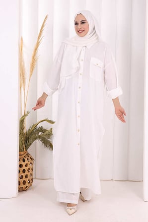 Keten Düğmeli Tunik Pantolon Takım 8015 Ekru