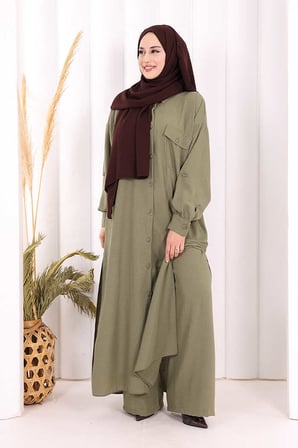 Keten Düğmeli Tunik Pantolon Takım 8015 Haki