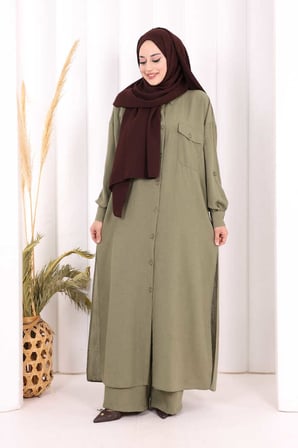 Keten Düğmeli Tunik Pantolon Takım 8015 Haki