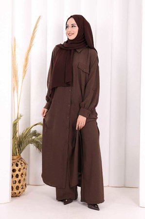 Keten Düğmeli Tunik Pantolon Takım 8015 Kahverengi