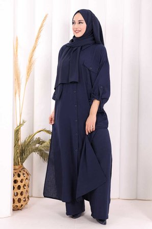 Keten Düğmeli Tunik Pantolon Takım 8015 Lacivert