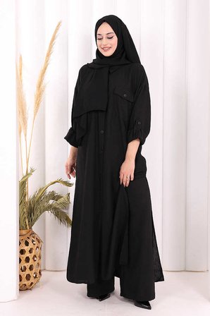 Keten Düğmeli Tunik Pantolon Takım 8015 Siyah