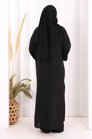 Keten Düğmeli Tunik Pantolon Takım 8015 Siyah
