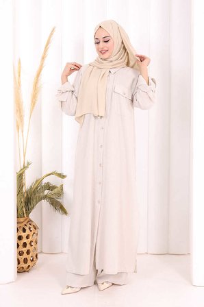 Keten Düğmeli Tunik Pantolon Takım 8015 Taş