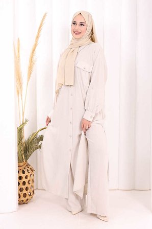 Keten Düğmeli Tunik Pantolon Takım 8015 Taş