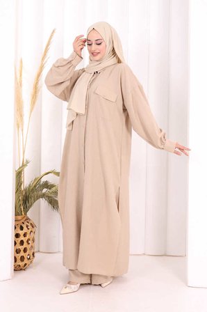 Keten Düğmeli Tunik Pantolon Takım 8015 Vizon