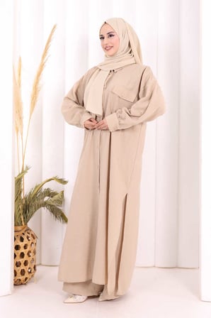 Keten Düğmeli Tunik Pantolon Takım 8015 Vizon