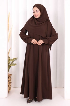 Eşarplı Elbise 6059 Kahverengi