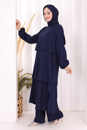 Kat Detaylı Tunik Pantolon Takım ŞAL HEDİYE! 8017 Lacivert