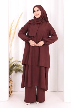 Kat Detaylı Tunik Pantolon Takım ŞAL HEDİYE! 8017 Mürdüm