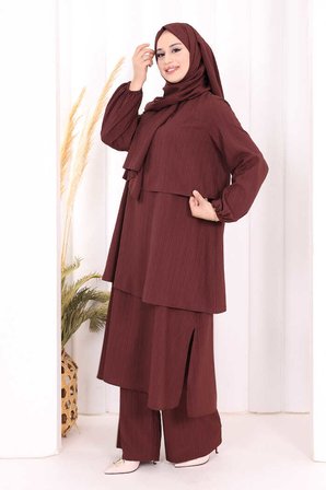 Kat Detaylı Tunik Pantolon Takım ŞAL HEDİYE! 8017 Mürdüm