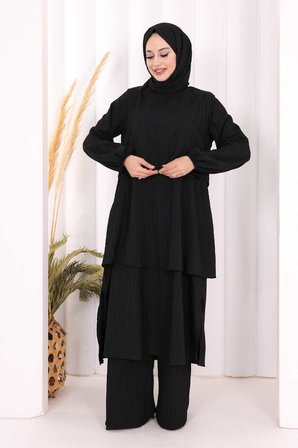 Kat Detaylı Tunik Pantolon Takım ŞAL HEDİYE! 8017 Siyah
