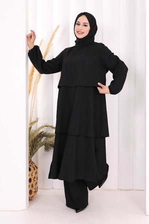Kat Detaylı Tunik Pantolon Takım ŞAL HEDİYE! 8017 Siyah