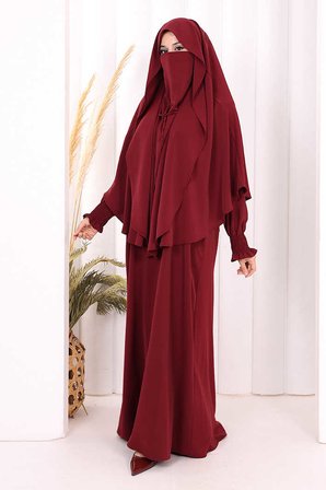 Peçeli Cilbab Model Elbise 6063 Bordo