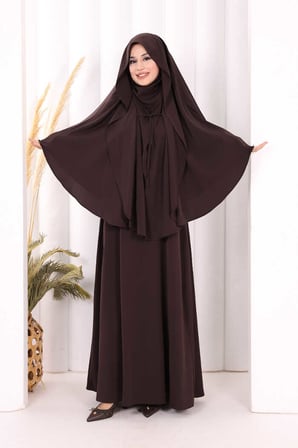 Peçeli Cilbab Model Elbise 6063 Kahverengi
