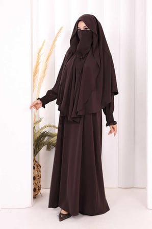Peçeli Cilbab Model Elbise 6063 Kahverengi