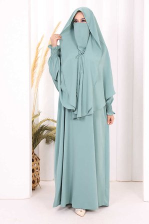 Peçeli Cilbab Model Elbise 6063 Mint
