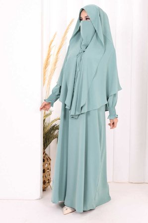 Peçeli Cilbab Model Elbise 6063 Mint