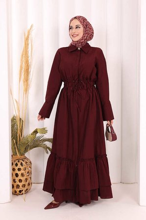 Belden Lastikli Boydan Düğmeli Elbise 6062 Bordo
