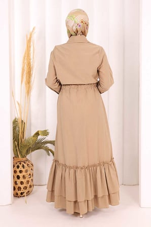 Belden Lastikli Boydan Düğmeli Elbise 6062 Camel