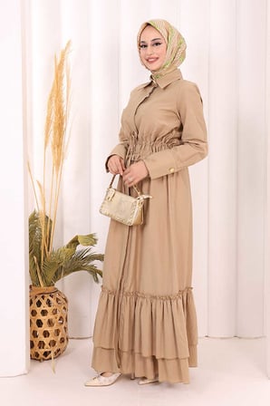 Belden Lastikli Boydan Düğmeli Elbise 6062 Camel