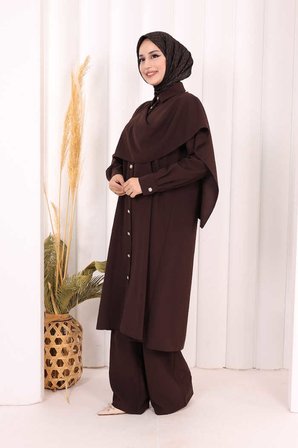 Önü Şal Detaylı Tunik Pantolon Takım 8018 Kahverengi