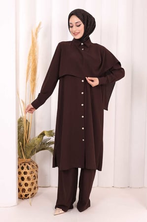 Önü Şal Detaylı Tunik Pantolon Takım 8018 Kahverengi