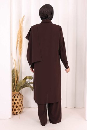 Önü Şal Detaylı Tunik Pantolon Takım 8018 Kahverengi