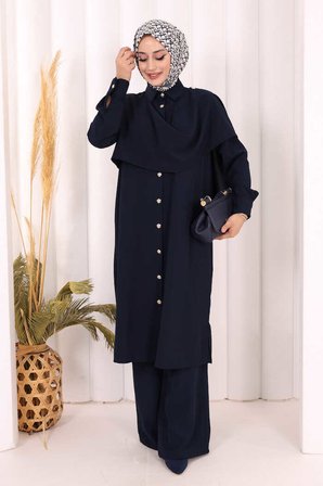 Önü Şal Detaylı Tunik Pantolon Takım 8018 Lacivert