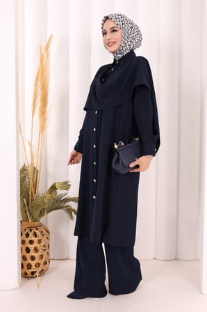 Önü Şal Detaylı Tunik Pantolon Takım 8018 Lacivert
