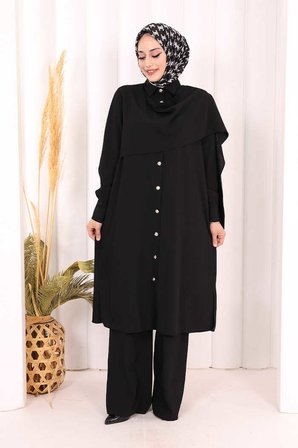 Önü Şal Detaylı Tunik Pantolon Takım 8018 Siyah