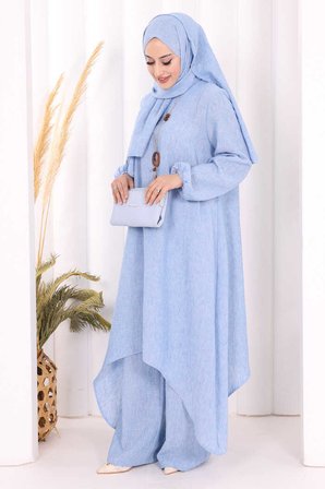 Kolyeli Tunik Pantolon Takım ŞAL HEDİYE! 8020 İndigo