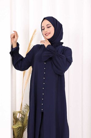 Hac  Umre Takım Önü Düğmeli Tunik,Pantolon  ŞAL  HEDİYE  8014 Lacivert