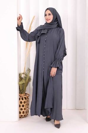 Hac  Umre Takım Önü Düğmeli Tunik,Pantolon  ŞAL  HEDİYE  8014 Füme
