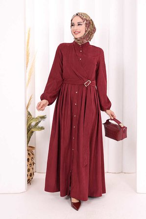 Broş Detaylı Boydan Düğmeli Elbise 7059 Bordo
