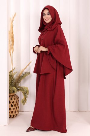 Keten Sufleli Elbise Takım 6067 Bordo