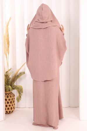 Keten Sufleli Elbise Takım 6067 Gül Kurusu