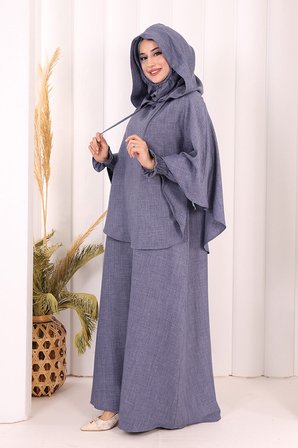 Keten Sufleli Elbise Takım 6067 İndigo