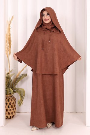 Keten Sufleli Elbise Takım 6067 Taba